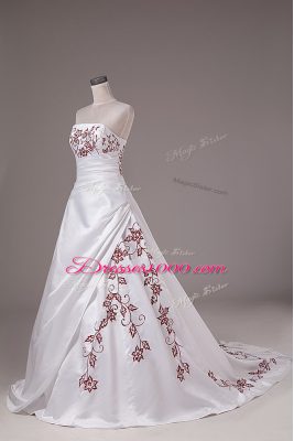 Satin Sleeveless Wedding Dresses Brush Train and Embroidery