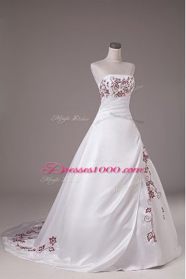 Satin Sleeveless Wedding Dresses Brush Train and Embroidery