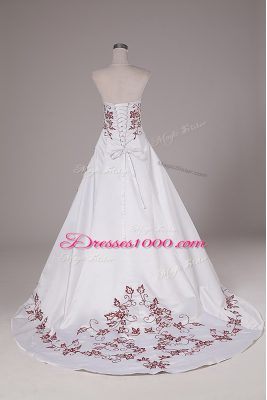 Satin Sleeveless Wedding Dresses Brush Train and Embroidery