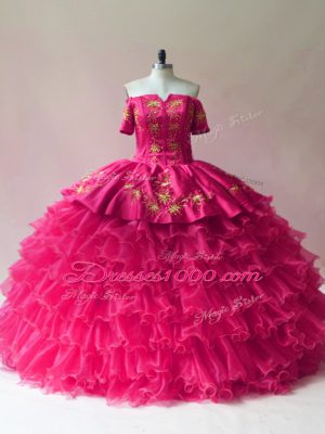 Custom Fit Sleeveless Organza Floor Length Lace Up 15 Quinceanera Dress in Fuchsia with Embroidery and Ruffled Layers