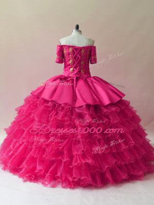 Custom Fit Sleeveless Organza Floor Length Lace Up 15 Quinceanera Dress in Fuchsia with Embroidery and Ruffled Layers