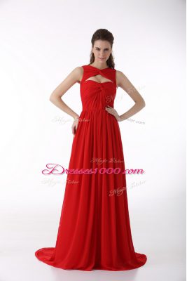 Charming Chiffon Sweetheart Sleeveless Brush Train Zipper Ruching Prom Dresses in Red
