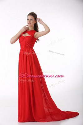 Charming Chiffon Sweetheart Sleeveless Brush Train Zipper Ruching Prom Dresses in Red