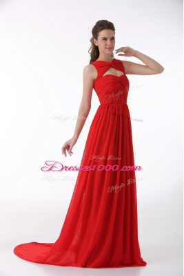 Charming Chiffon Sweetheart Sleeveless Brush Train Zipper Ruching Prom Dresses in Red