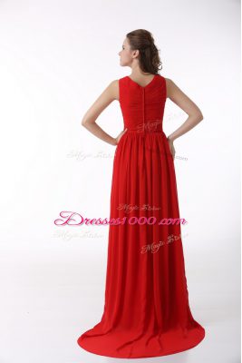 Charming Chiffon Sweetheart Sleeveless Brush Train Zipper Ruching Prom Dresses in Red