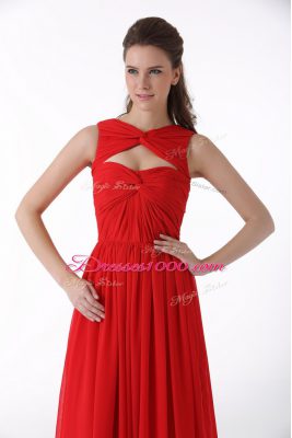 Charming Chiffon Sweetheart Sleeveless Brush Train Zipper Ruching Prom Dresses in Red