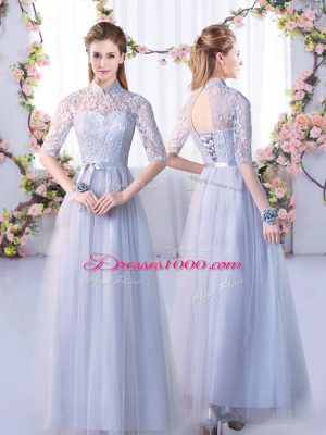 Empire Dama Dress for Quinceanera Grey High-neck Tulle Half Sleeves Floor Length Lace Up
