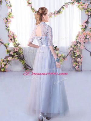 Empire Dama Dress for Quinceanera Grey High-neck Tulle Half Sleeves Floor Length Lace Up