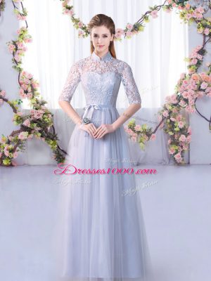 Empire Dama Dress for Quinceanera Grey High-neck Tulle Half Sleeves Floor Length Lace Up