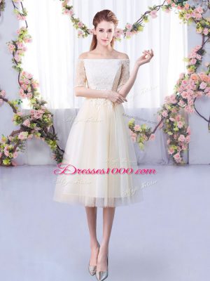 Off The Shoulder Half Sleeves Tulle Quinceanera Court of Honor Dress Lace Lace Up