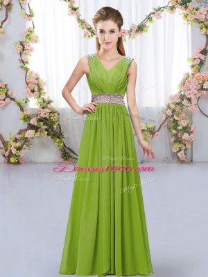 Best V-neck Sleeveless Lace Up Bridesmaid Dresses Olive Green Chiffon