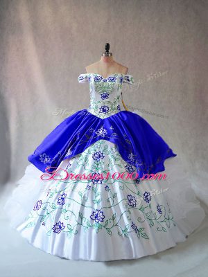 Blue And White Sweet 16 Dresses Sweet 16 and Quinceanera with Embroidery and Ruffles Off The Shoulder Sleeveless Lace Up