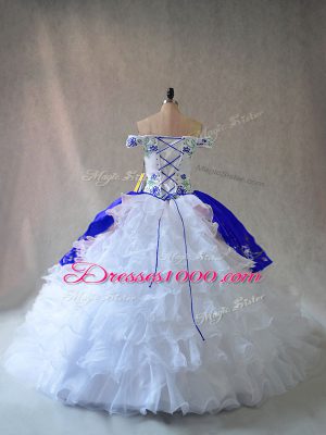 Blue And White Sweet 16 Dresses Sweet 16 and Quinceanera with Embroidery and Ruffles Off The Shoulder Sleeveless Lace Up