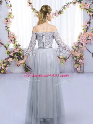 3 4 Length Sleeve Floor Length Lace and Belt Lace Up Dama Dress with Grey