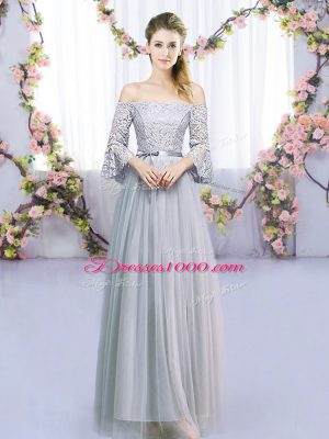 3 4 Length Sleeve Floor Length Lace and Belt Lace Up Dama Dress with Grey