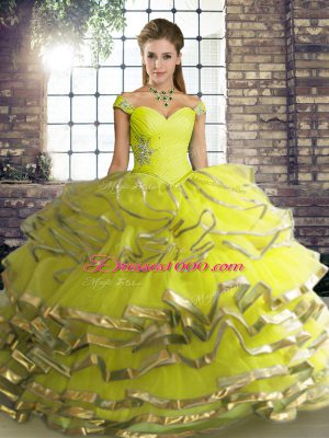 Yellow Green Tulle Lace Up Off The Shoulder Sleeveless Floor Length Quinceanera Gown Beading and Ruffled Layers