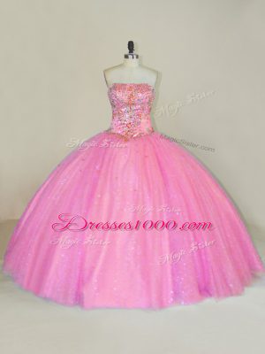 Pink Lace Up Quince Ball Gowns Beading Sleeveless Floor Length
