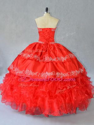 Pretty Red Ball Gowns Sweetheart Sleeveless Organza Floor Length Side Zipper Embroidery and Ruffles Sweet 16 Dresses