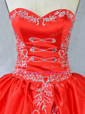 Pretty Red Ball Gowns Sweetheart Sleeveless Organza Floor Length Side Zipper Embroidery and Ruffles Sweet 16 Dresses