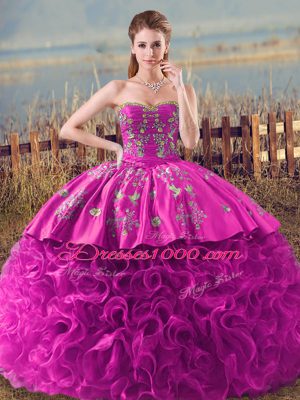 Sumptuous Fuchsia Sleeveless Fabric With Rolling Flowers Brush Train Lace Up 15th Birthday Dress for Sweet 16 and Quinceanera