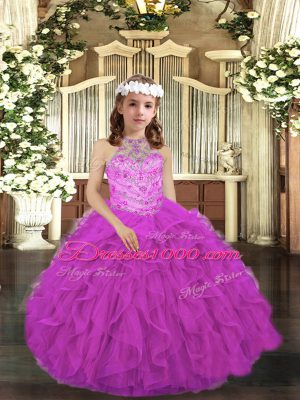 Fuchsia Ball Gowns Beading and Ruffles Child Pageant Dress Lace Up Tulle Sleeveless Floor Length