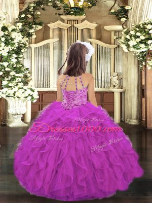 Fuchsia Ball Gowns Beading and Ruffles Child Pageant Dress Lace Up Tulle Sleeveless Floor Length