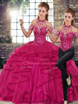Superior Beading and Ruffles Quinceanera Dress Fuchsia Lace Up Sleeveless Floor Length