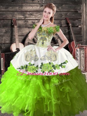 Top Selling Green Off The Shoulder Lace Up Embroidery and Ruffles Quinceanera Gown Sleeveless