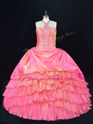 Pink Halter Top Neckline Beading and Ruffled Layers Quinceanera Dresses Sleeveless Lace Up