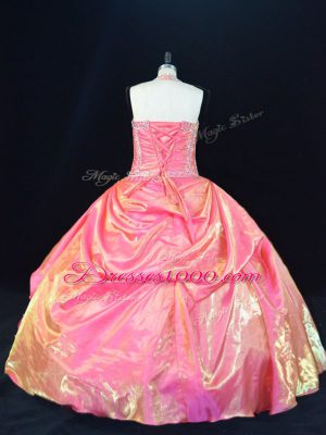 Pink Halter Top Neckline Beading and Ruffled Layers Quinceanera Dresses Sleeveless Lace Up