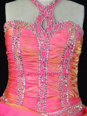 Pink Halter Top Neckline Beading and Ruffled Layers Quinceanera Dresses Sleeveless Lace Up