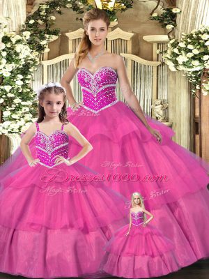 Hot Pink Organza Lace Up 15th Birthday Dress Sleeveless Floor Length Beading