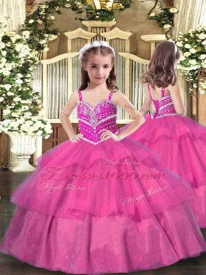 Hot Pink Organza Lace Up 15th Birthday Dress Sleeveless Floor Length Beading