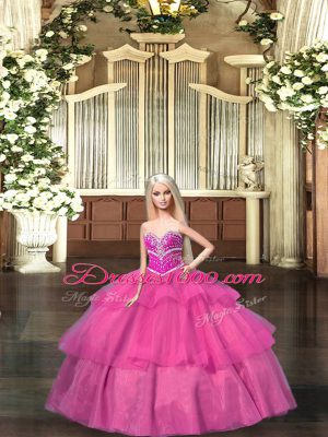 Hot Pink Organza Lace Up 15th Birthday Dress Sleeveless Floor Length Beading