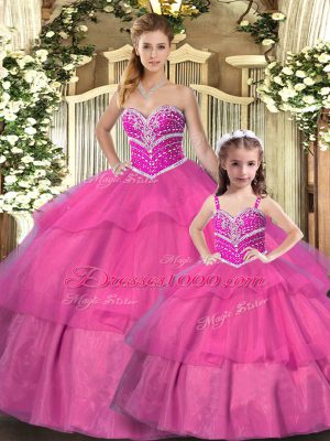 Hot Pink Organza Lace Up 15th Birthday Dress Sleeveless Floor Length Beading