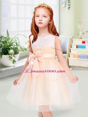 Classical Peach Empire Scoop Sleeveless Tulle Knee Length Zipper Bowknot Toddler Flower Girl Dress