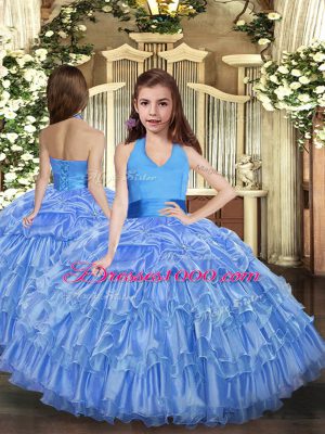 Latest Organza Halter Top Sleeveless Lace Up Ruffled Layers Child Pageant Dress in Blue