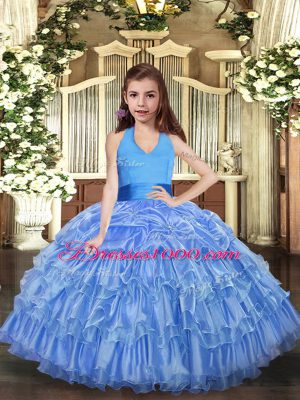 Latest Organza Halter Top Sleeveless Lace Up Ruffled Layers Child Pageant Dress in Blue