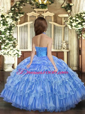 Latest Organza Halter Top Sleeveless Lace Up Ruffled Layers Child Pageant Dress in Blue