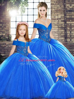Sleeveless Beading Lace Up Sweet 16 Dress with Royal Blue Brush Train