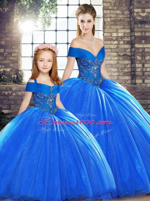 Sleeveless Beading Lace Up Sweet 16 Dress with Royal Blue Brush Train