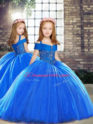 Sleeveless Beading Lace Up Sweet 16 Dress with Royal Blue Brush Train