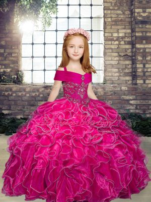 Fantastic Fuchsia Ball Gowns Organza Straps Sleeveless Beading and Ruffles Floor Length Lace Up Little Girls Pageant Dress