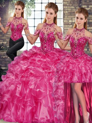 Dynamic Fuchsia Lace Up Halter Top Beading and Ruffles Quinceanera Gown Organza Sleeveless