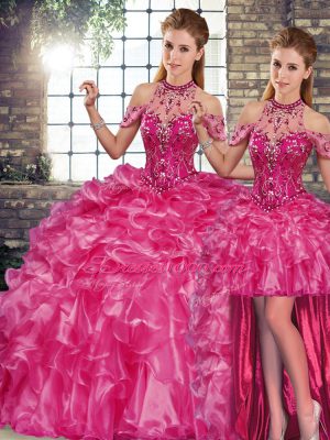 Dynamic Fuchsia Lace Up Halter Top Beading and Ruffles Quinceanera Gown Organza Sleeveless