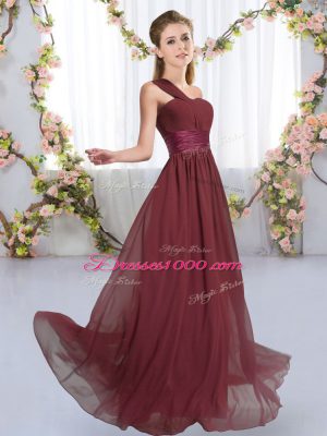 Discount Sleeveless Chiffon Floor Length Lace Up Wedding Party Dress in Burgundy with Ruching