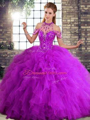 Purple Ball Gowns Halter Top Sleeveless Tulle Floor Length Lace Up Beading and Ruffles Sweet 16 Quinceanera Dress