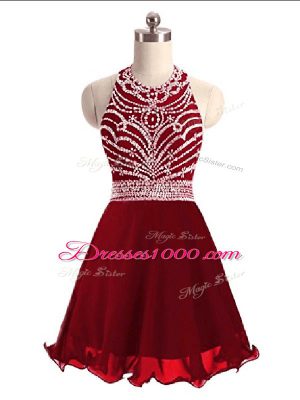 Wine Red Halter Top Lace Up Beading Prom Dress Sleeveless
