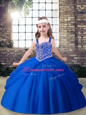 Royal Blue Ball Gowns Tulle Straps Sleeveless Beading Floor Length Lace Up Kids Pageant Dress