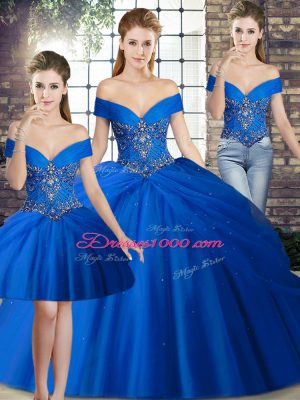 Amazing Off The Shoulder Sleeveless Brush Train Lace Up Quinceanera Dress Royal Blue Tulle